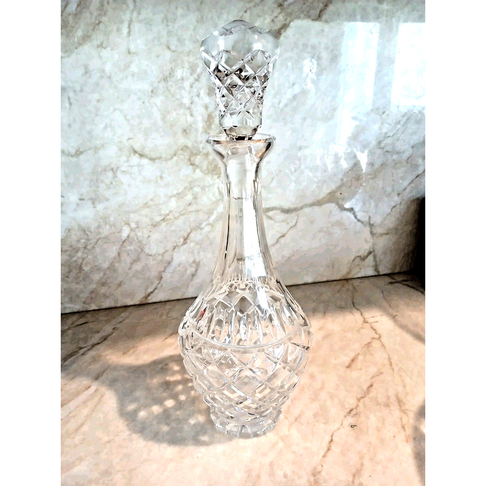 Vintage Crystal Decanter Diamond Cut Cross Hatch w Top Stopper Wedding‎ Elegant